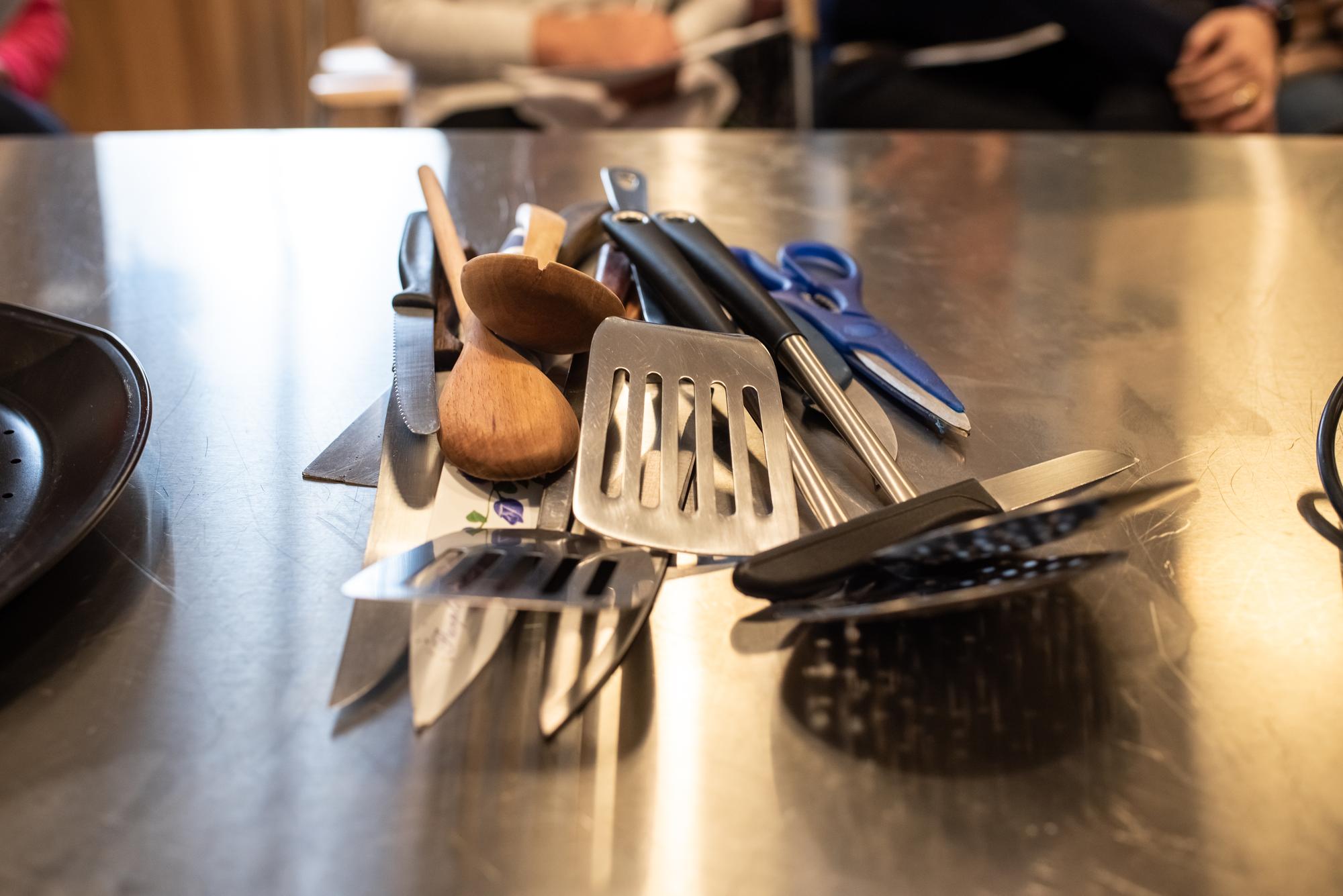Workshop kitchen counter with ingredients and tools