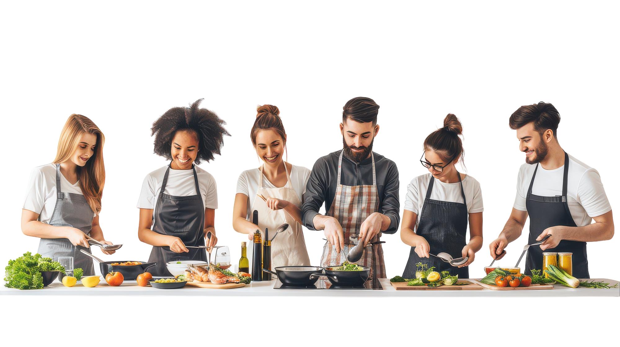 Participants cooking in bright kitchen